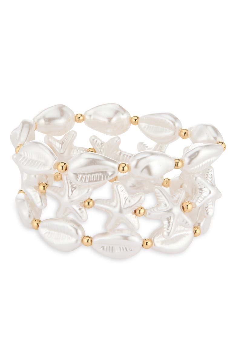 NATASHA Set of 3 Pearly Shell & Starfish Beaded Stretch Bracelets, Main, color, Ivory
