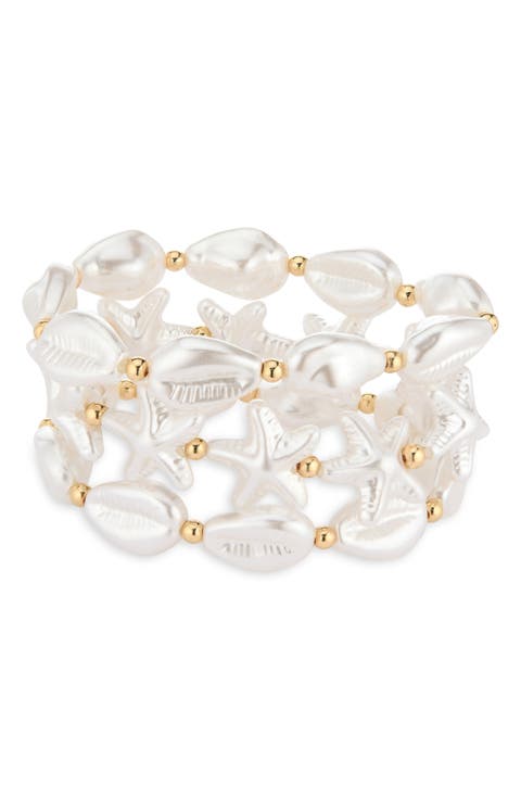 Set of 3 Pearly Shell & Starfish Beaded Stretch Bracelets