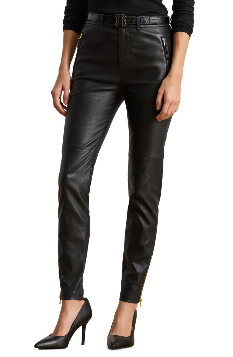 Lauren Ralph Lauren Belted High Waist Leather Ankle Slim Pants, Main, color,