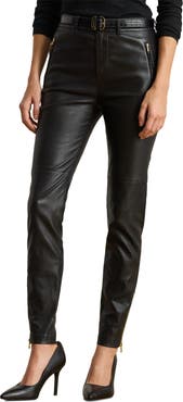 Lauren Ralph Lauren Belted High Waist Leather Ankle Slim Pants