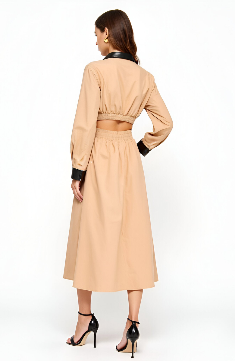 Modenaire Long Sleeve Midi Shirt Dress with Faux Leather Trim and Side Pockets, Alternate, color, 
