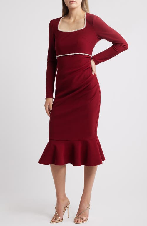 NIKKI LUND Faux Pearl Ruched Flare Hem Dress in Burgundy 