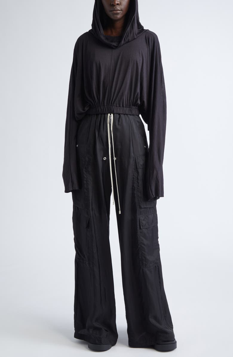 Rick Owens Crop Virgin Wool & Silk Hoodie, Alternate, color, Black