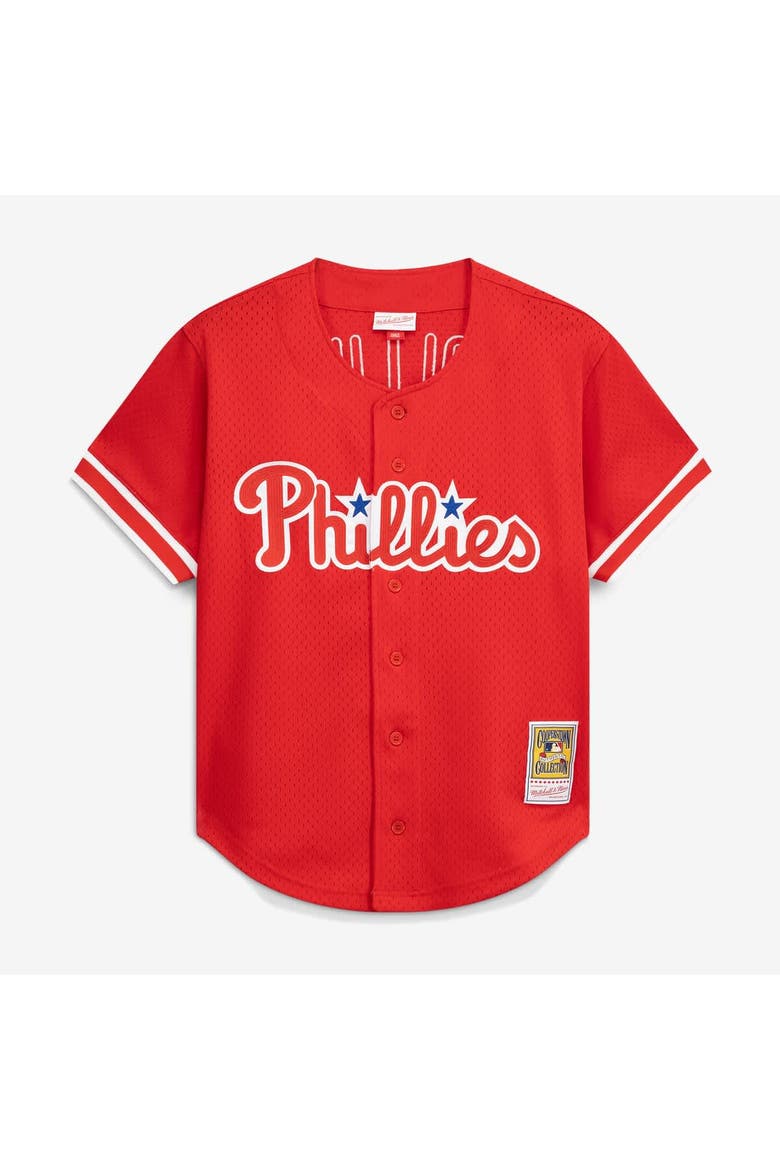 Men's Mitchell & Ness Jimmy Rollins Red Philadelphia Phillies Cooperstown Mesh Batting Practice Button-Up Jersey, Alternate, color, Red