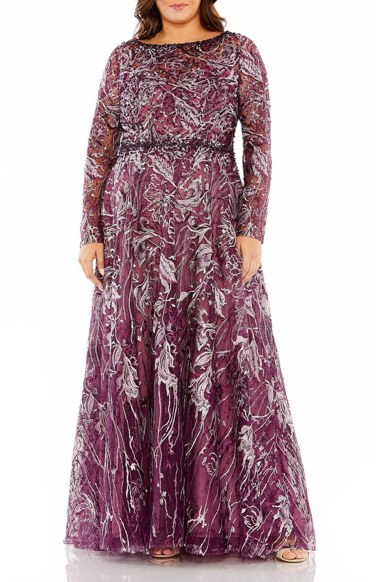 Mac Duggal Long Sleeve High Neck Embroidered Gown, Main, color, Plum