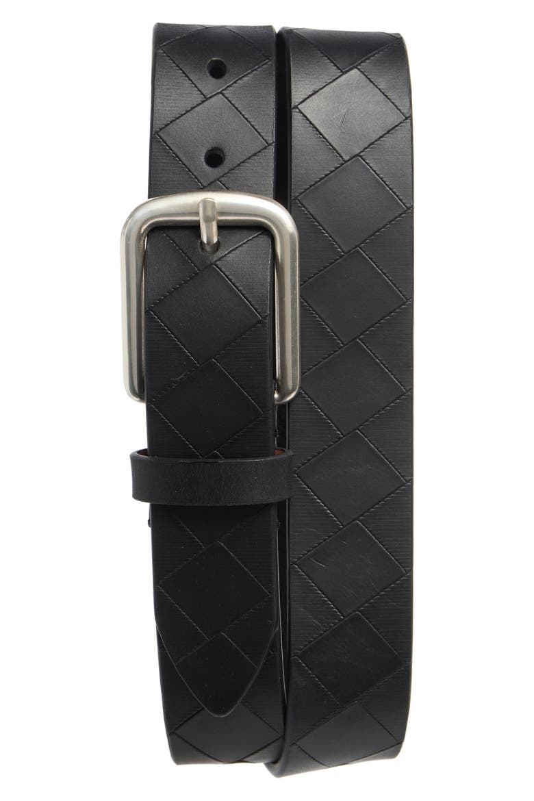 Basketweave Embossed Leather Belt, Main, color, BLACK