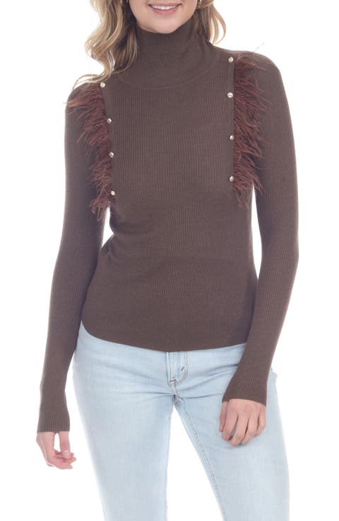 Feather Trim Rib Turtleneck Top