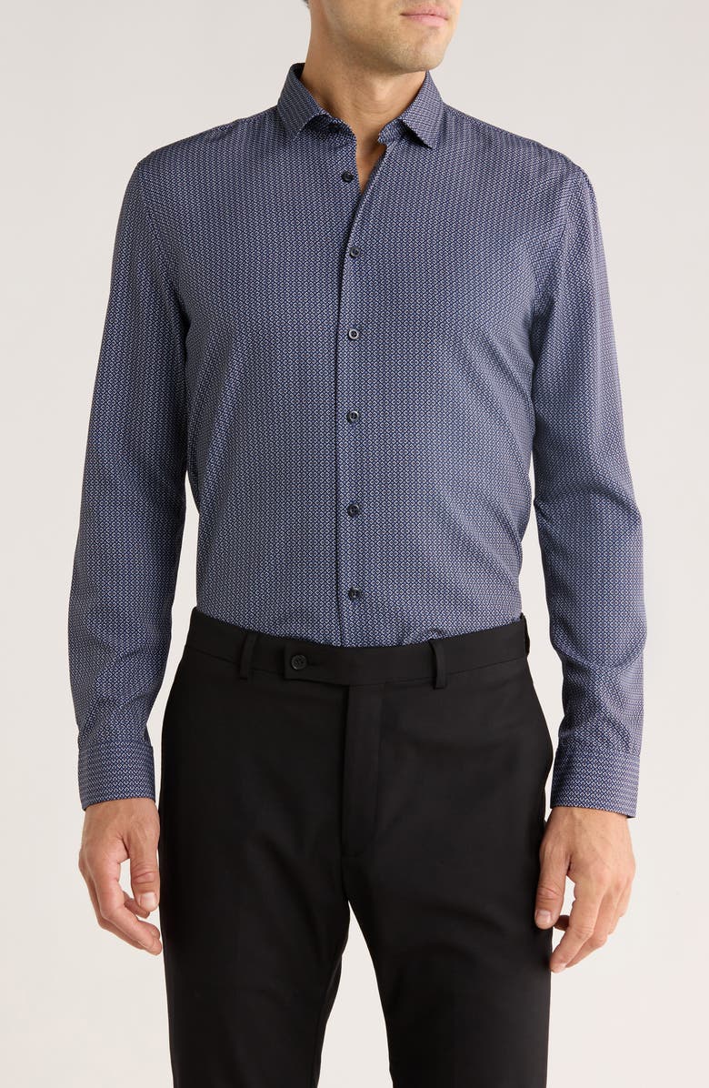 SOUL OF LONDON Geometric Stretch Button-Up Shirt, Main, color, Navy / Marine