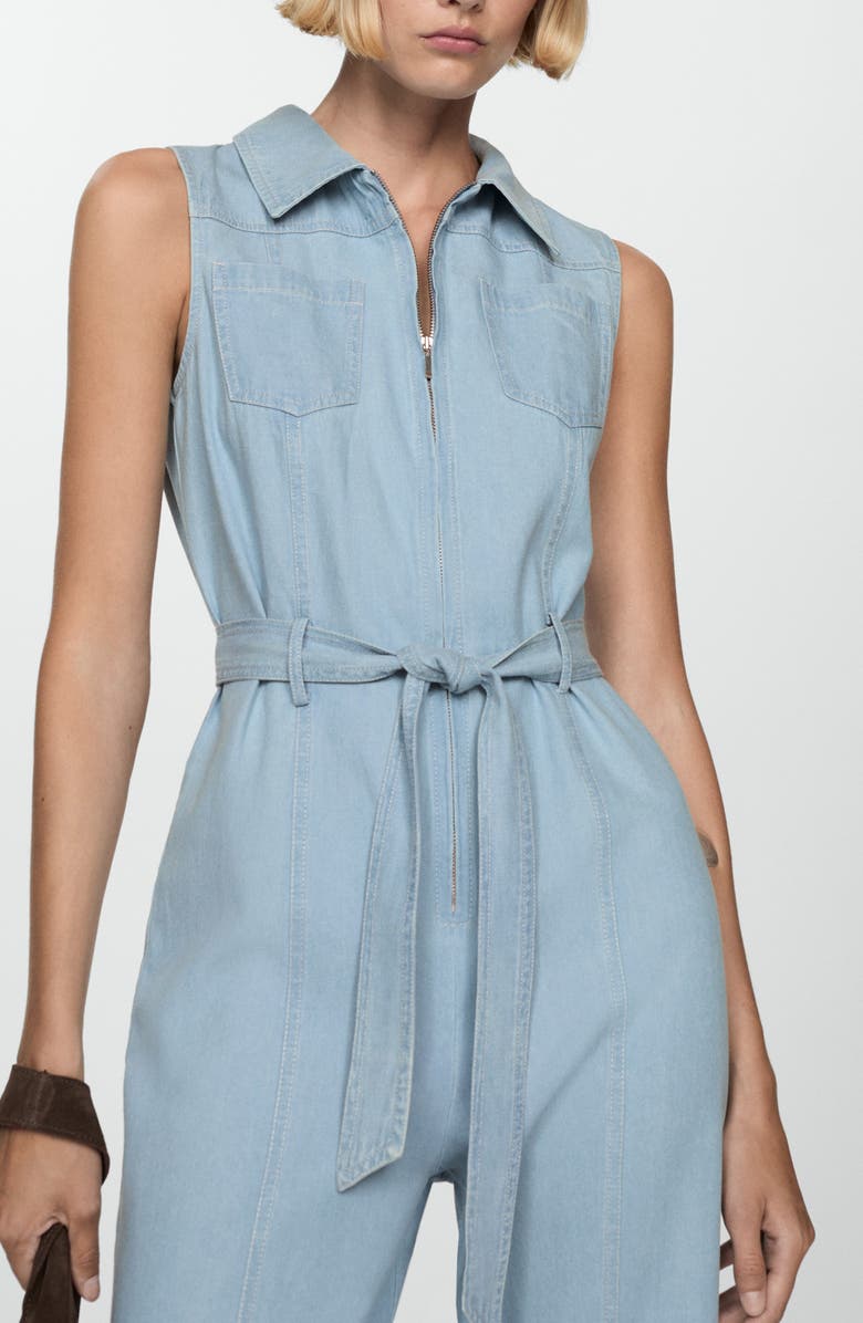 MANGO Belted Sleeveless Zip Denim Jumpsuit, Alternate, color, Light Blue