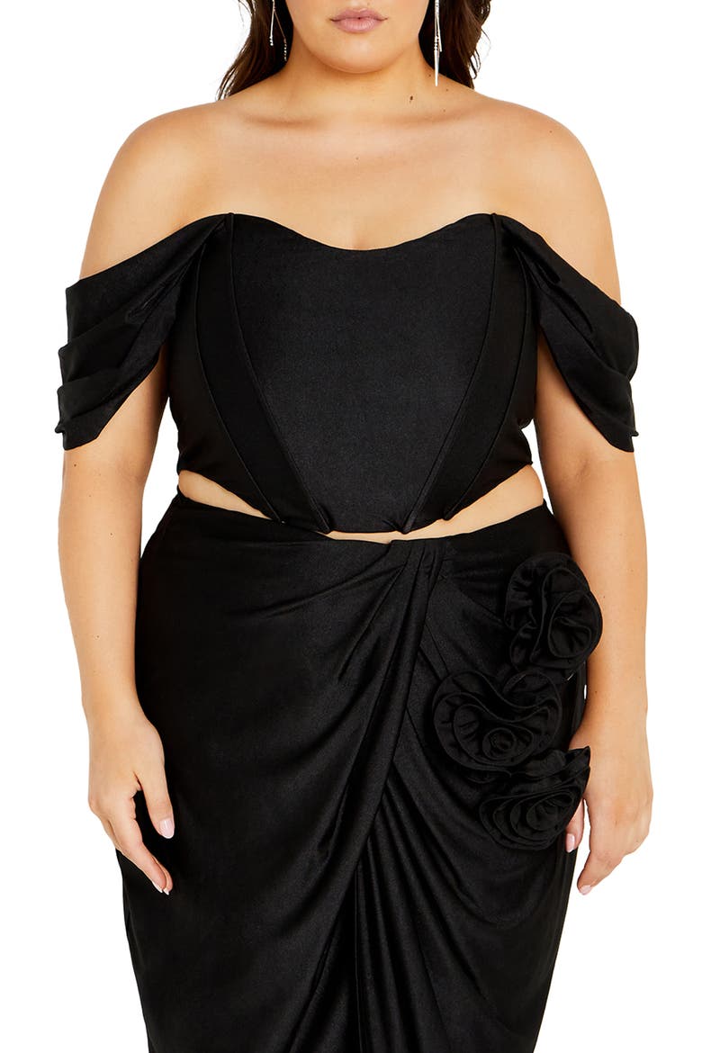 Amaryllis Off the Shoulder Corset Crop Top, Main, color, BLACK