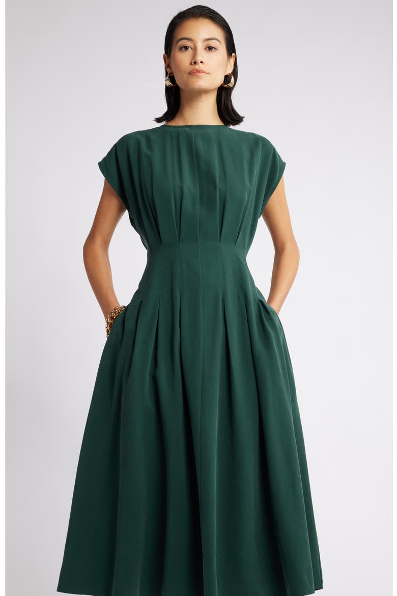 Pleated A-Line Dress, Alternate, color, GREEN PARK