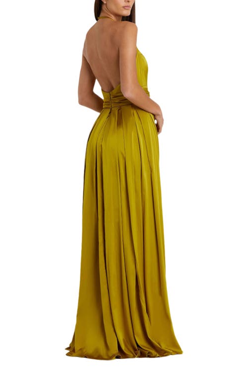 MAC DUGGAL MAC DUGGAL CHARMEUSE HALTER STRAP SOFT TIE WAIST GOWN