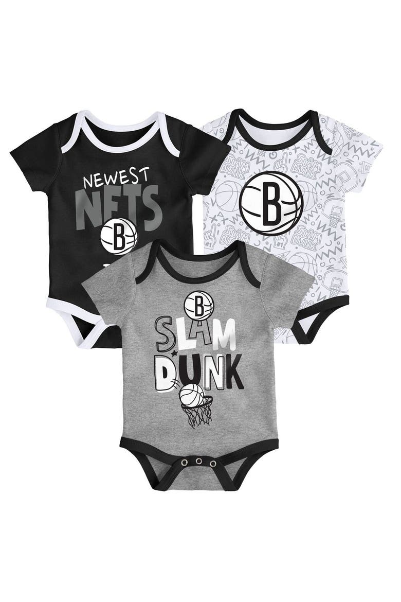 Infant Black/White/Gray Brooklyn Nets Slam Dunk 3-Piece Bodysuit Set, Main, color, Black