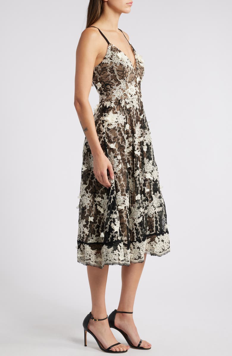 Dress the Population Tahani Embroidered Lace Cocktail Midi Dress, Alternate, color, Black-White