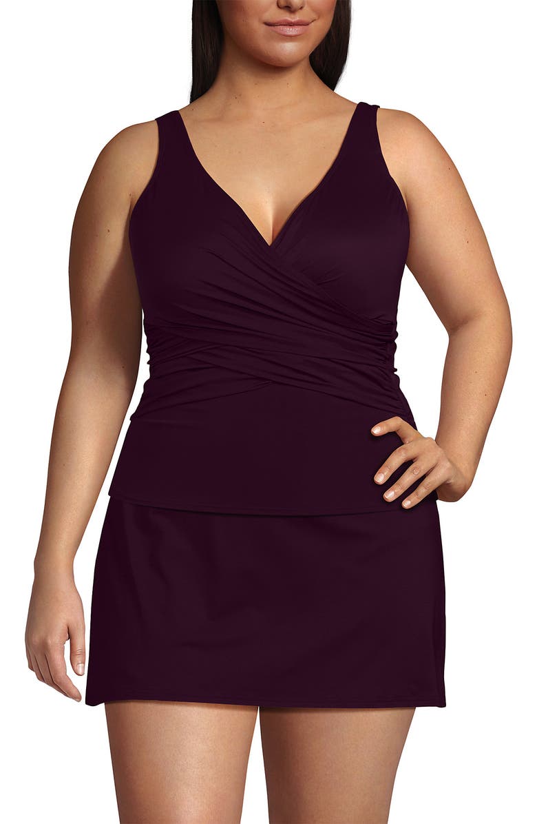 Lands' End Plus Size SlenderSuit Wrap Tankini Top, Alternate, color, Dark Wine