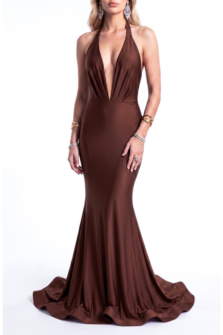 Plunging Halter Open-Back Mermaid Gown With Train, Main, color, Brown