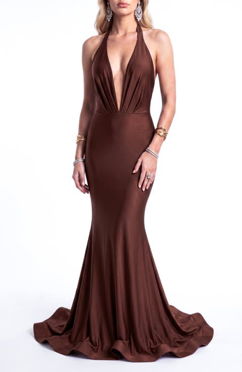 Plunging Halter Open-Back Mermaid Gown With Train