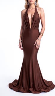 Jessica Angel Plunging Halter Open-Back Mermaid Gown With Train