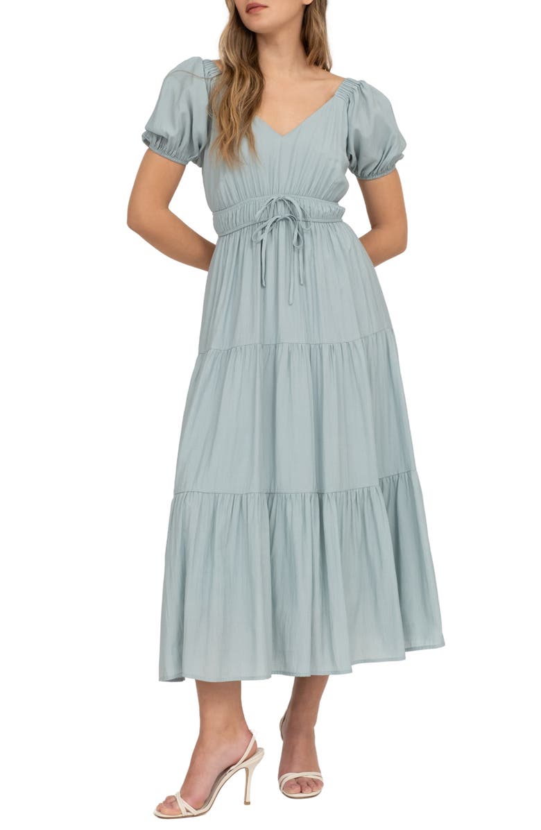 AUGUST SKY Puff Sleeve Tiered Maxi Dress, Main, color, Dusty Mint