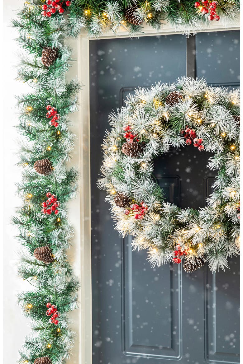 9ft Pre-Lit Artificial Christmas Garlands with Timer, Alternate, color, Flocked Green