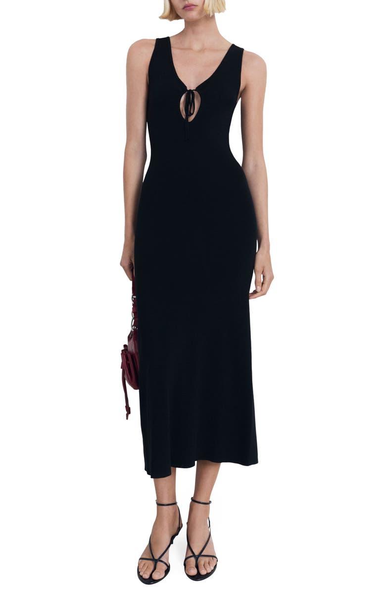 MANGO Tie Neck Sleeveless Maxi Dress, Main, color, Black