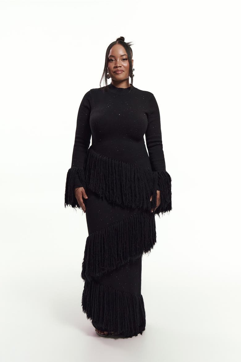 Eme Sequin Fringe Maxi Dress, Main, color, Black