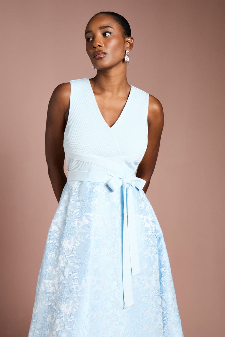 Bandage V-Neck Jacquard Midi Dress, Alternate, color, Light Blue