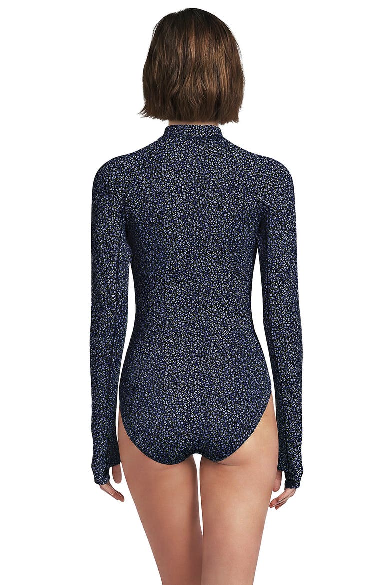 Chlorine Resistant Zip Front Long Sleeve Tugless Sporty One Piece Swimsuit, Alternate, color, Navy/Blue Ditsy Floral