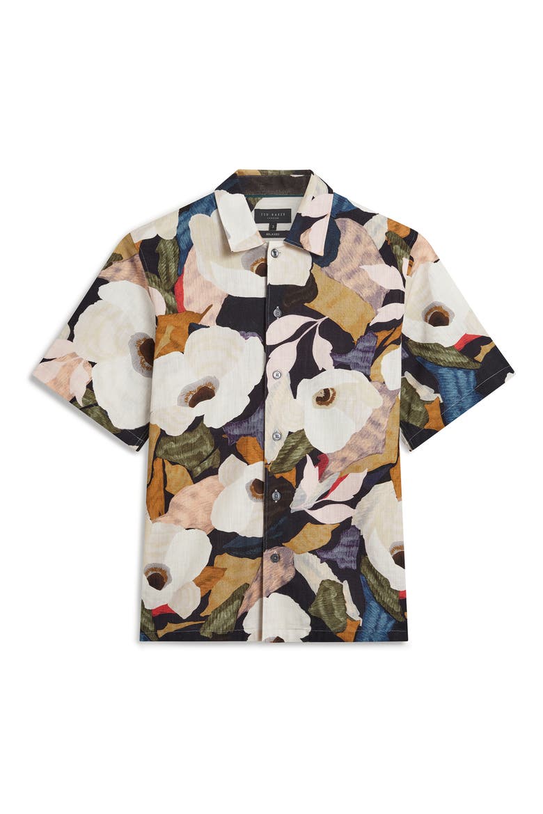 Langdon Floral Short Sleeve Cotton Buttion-Up Shirt, Alternate, color, BLACK AND CREAM