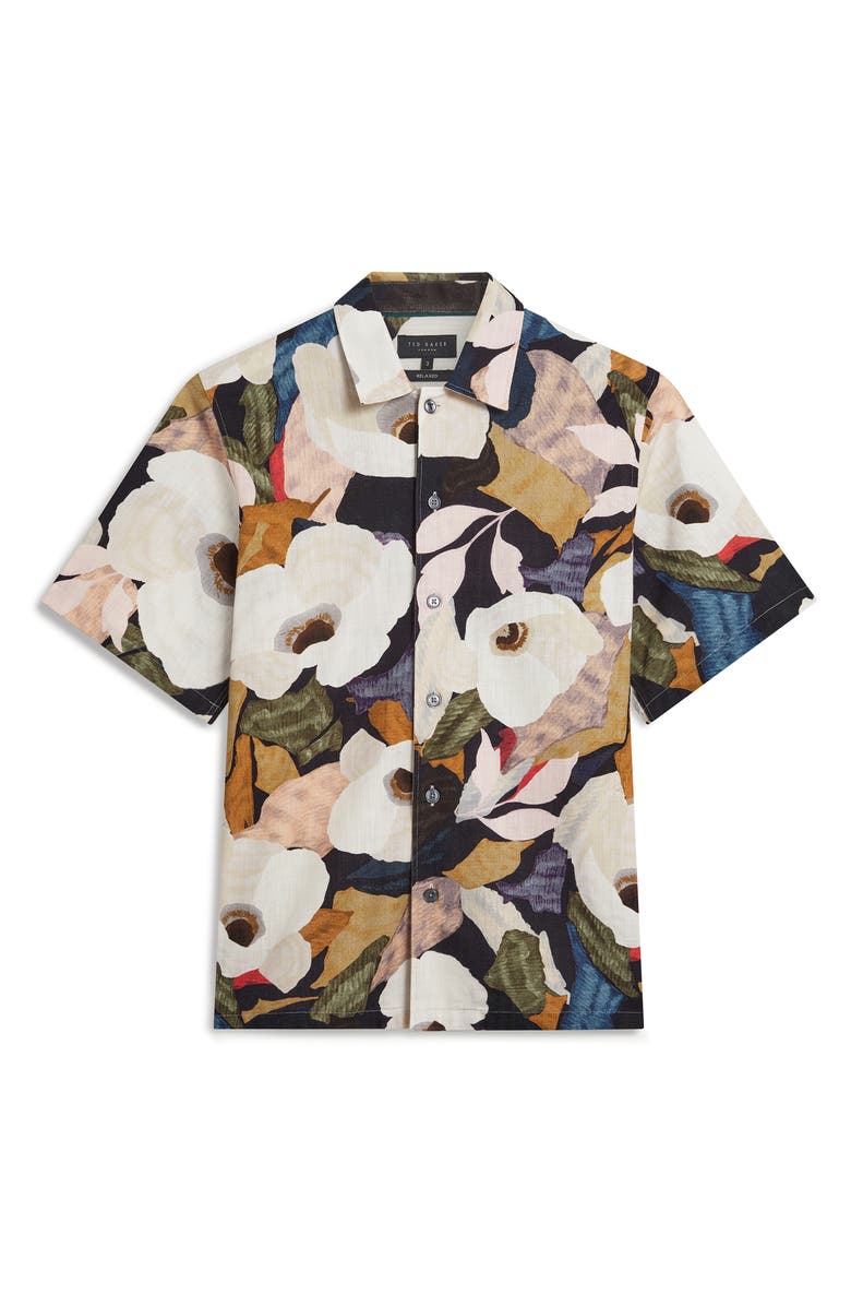 Ted Baker Langdon Floral Short Sleeve Cotton Buttion-Up Shirt, Alternate, color, Black And Cream