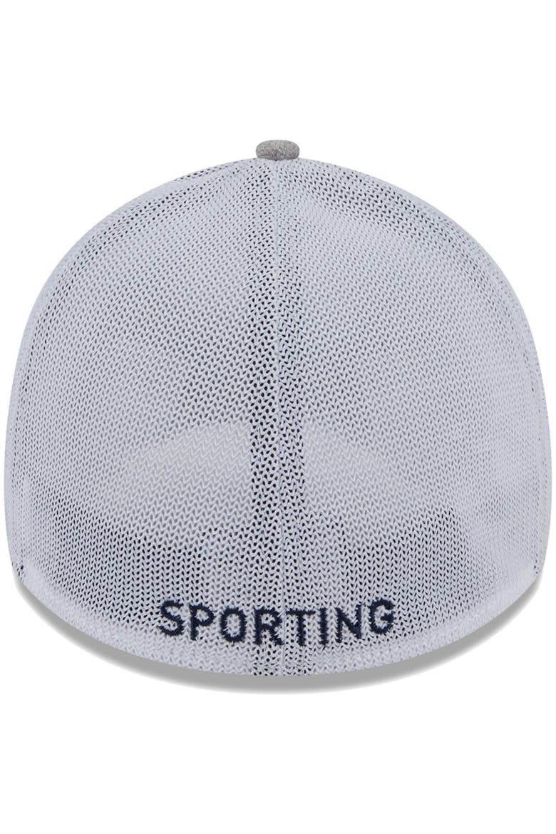 Men's New Era Heather Gray/White Sporting Kansas City 39THIRTY Trucker Flex Hat, Alternate, color, Heather Gray