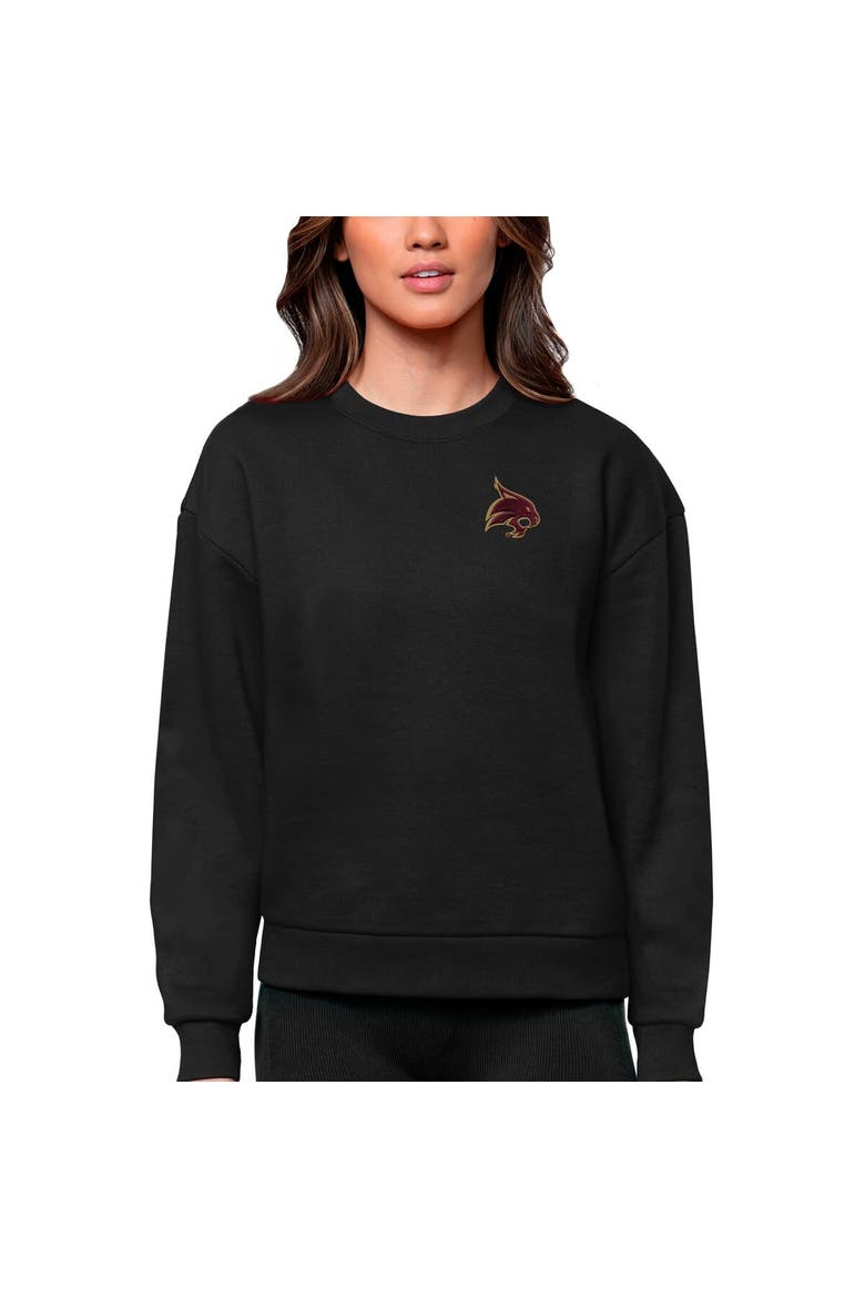 Women's Antigua Black Texas State Bobcats Logo Victory Crewneck Pullover Sweatshirt, Main, color, Black