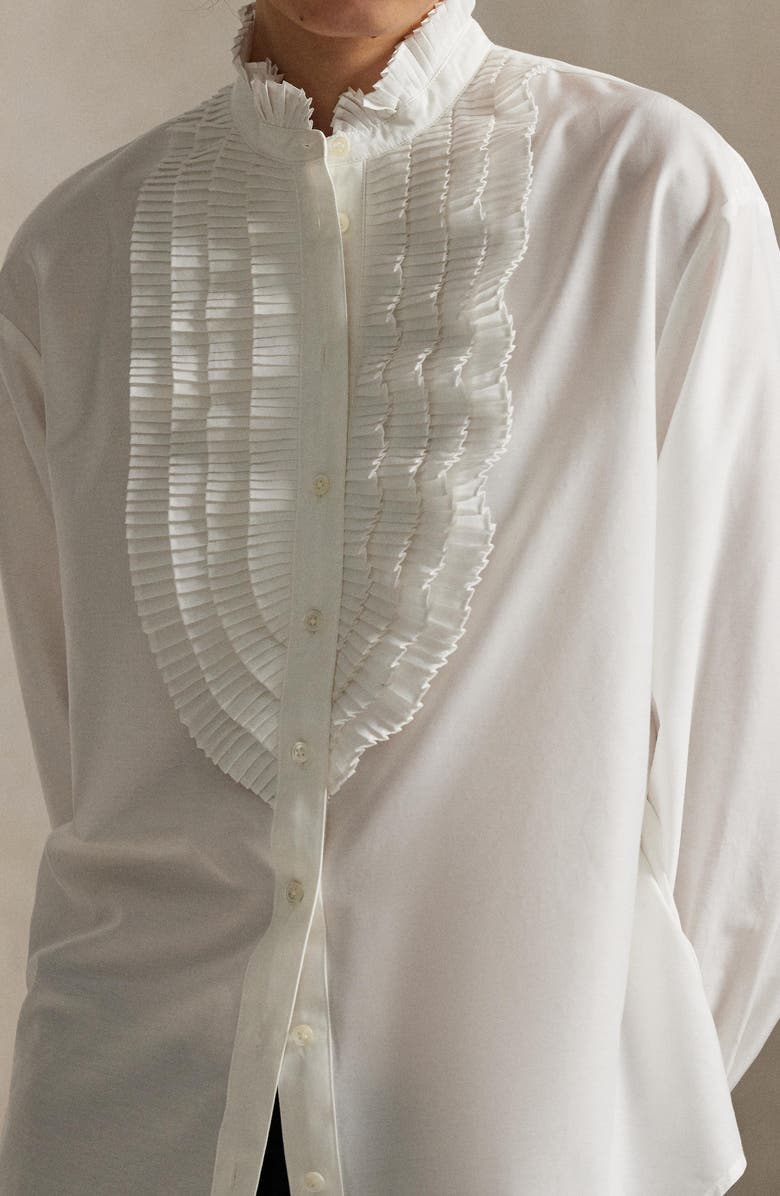 Polo Ralph Lauren Pleate Bib Cotton & Silk Button-Up Shirt, Alternate, color, White