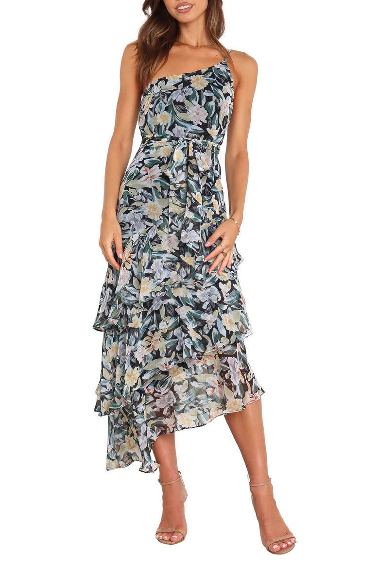 Amren Floral One-Shoulder Tiered Asymmetric Dress, Main, color, BLACK