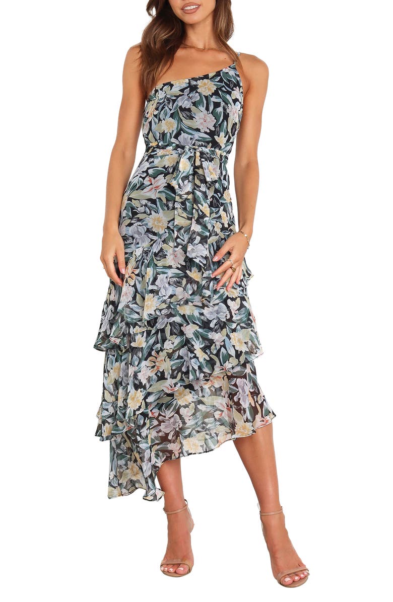 Petal & Pup Amren Floral One-Shoulder Tiered Asymmetric Dress, Main, color, Black