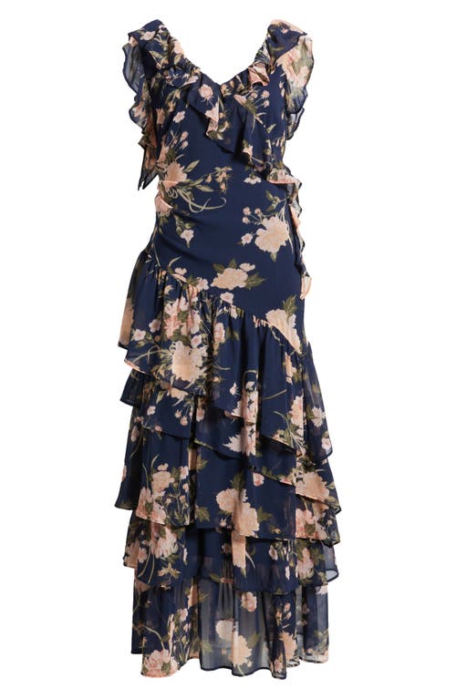 Chelsea28 Cap Sleeve Cascading Ruffle Gown In Navy League Romantic Blooms