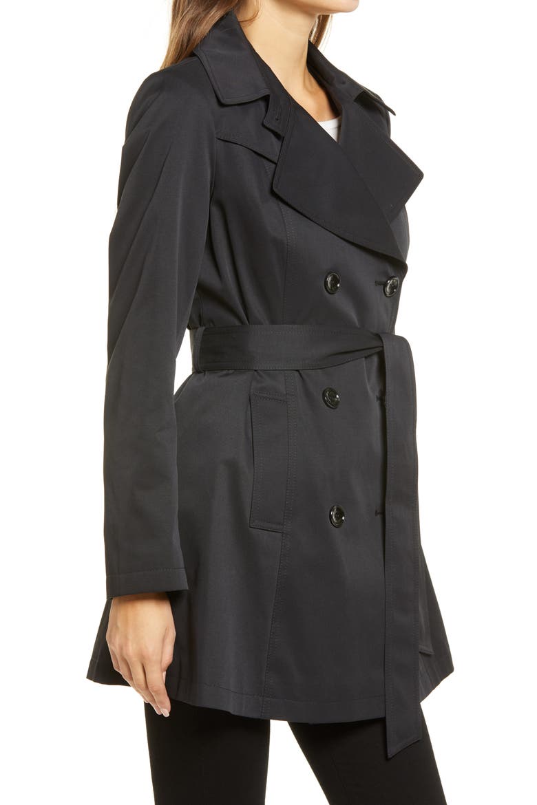 Double Breasted Belted Raincoat, Alternate, color, BLACK