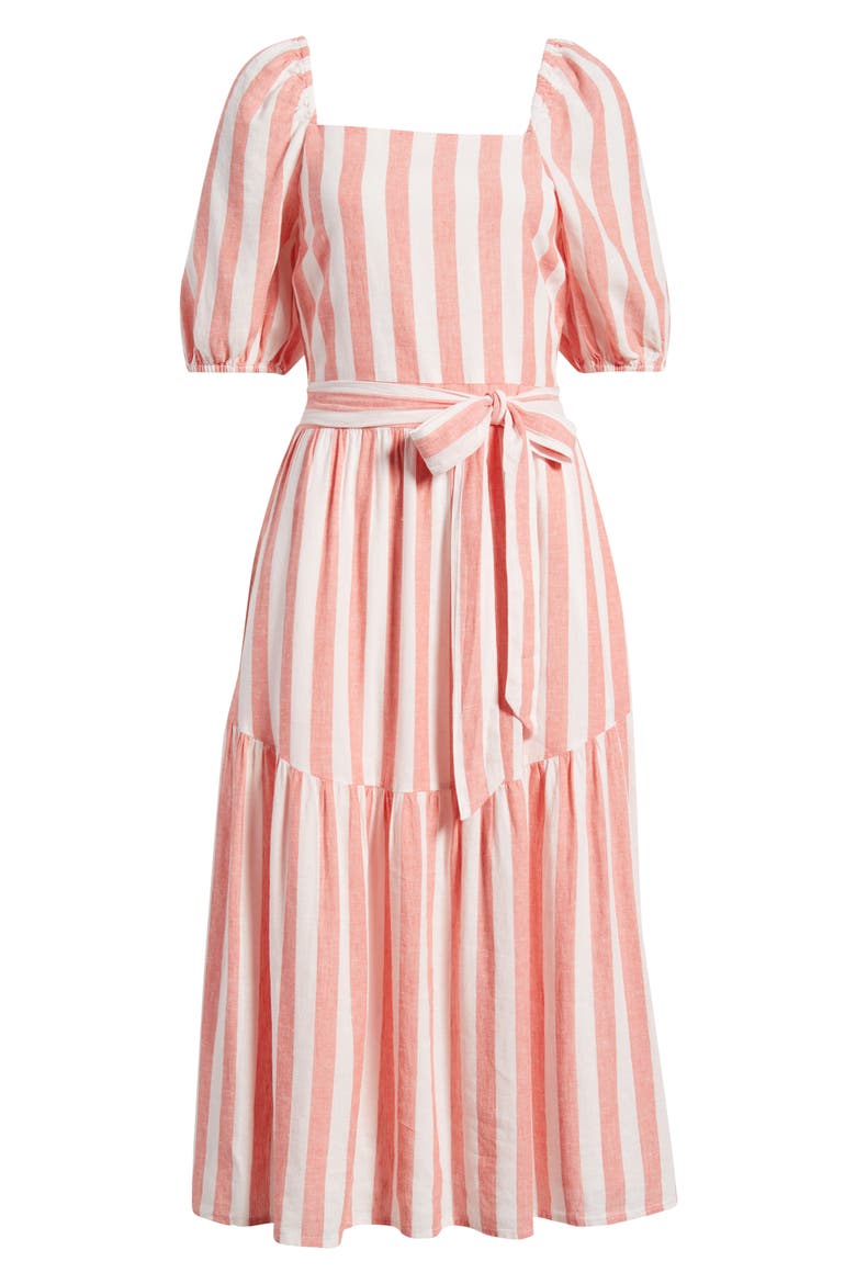 Stripe Puff Sleeve Tiered Midi Dress, Alternate, color, PINK- CORAL CABANA STRIPE