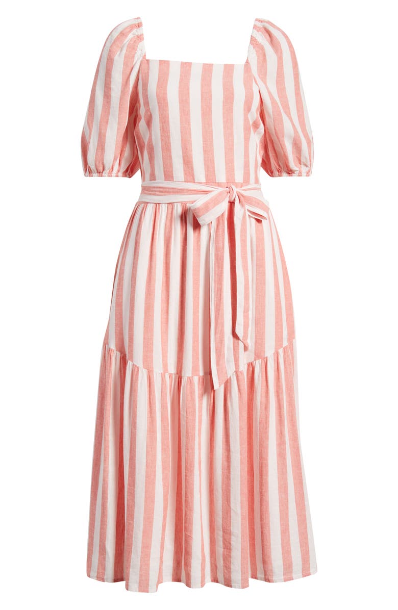 Caslon<sup>®</sup> Stripe Puff Sleeve Tiered Midi Dress, Alternate, color, Pink- Coral Cabana Stripe