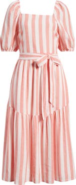 Caslon® Stripe Puff Sleeve Tiered Midi Dress