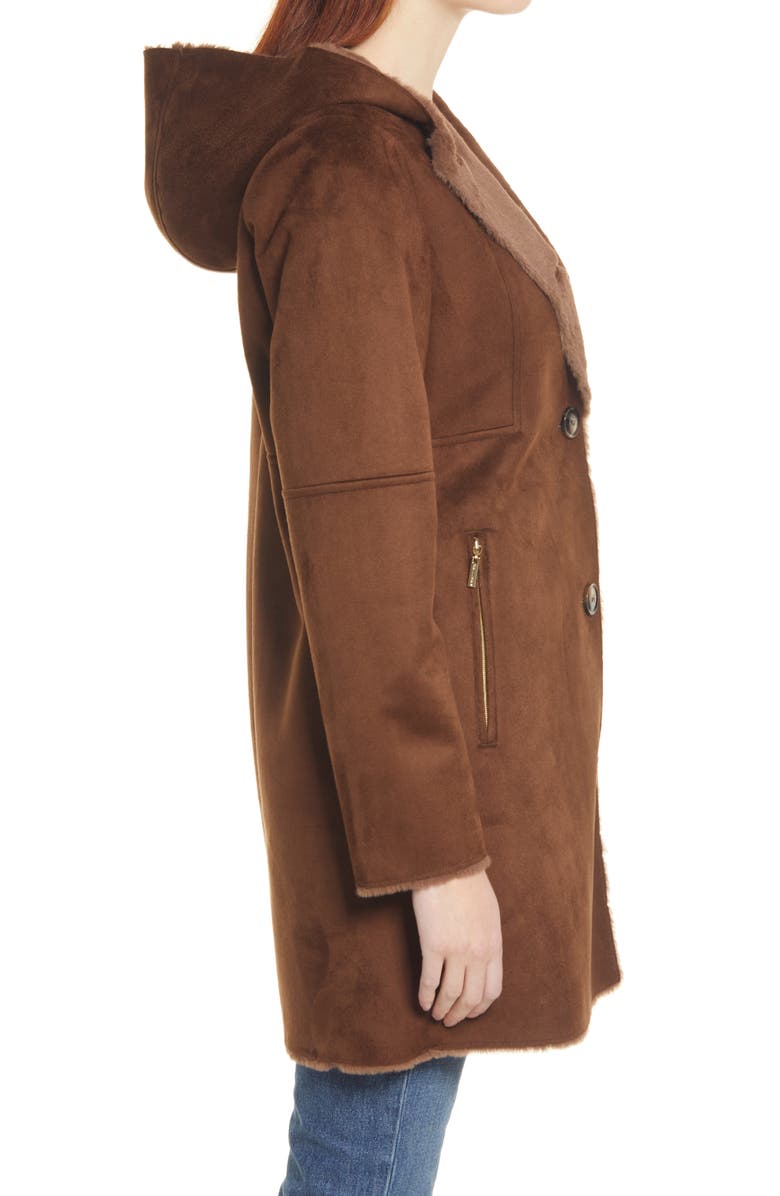 Gallery Hooded Faux Suede & Faux Shearling A-Line Coat, Alternate, color, Brown
