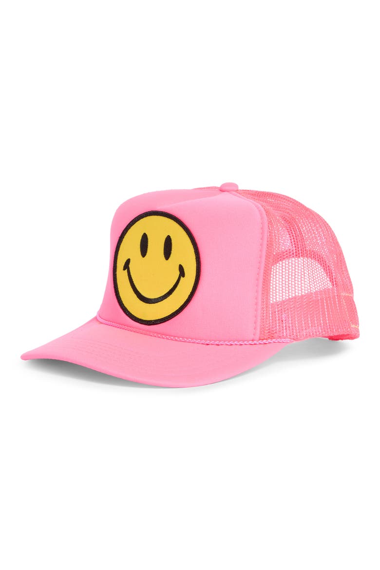 Smiley Patch Trucker Hat, Main, color, NEON PINK