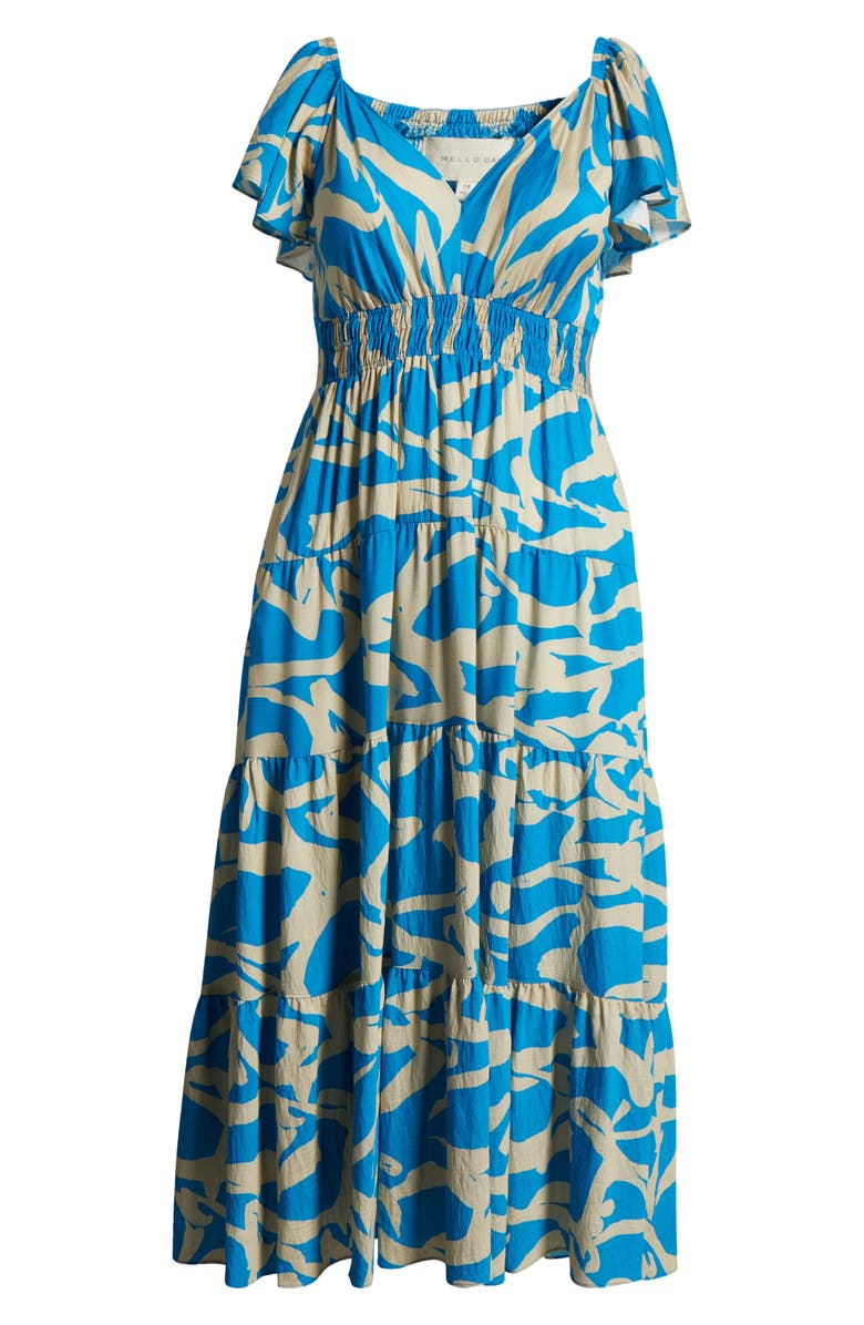MELLODAY Printed Shirred Waist Tiered Maxi Sundress, Alternate, color, Blue Ivory