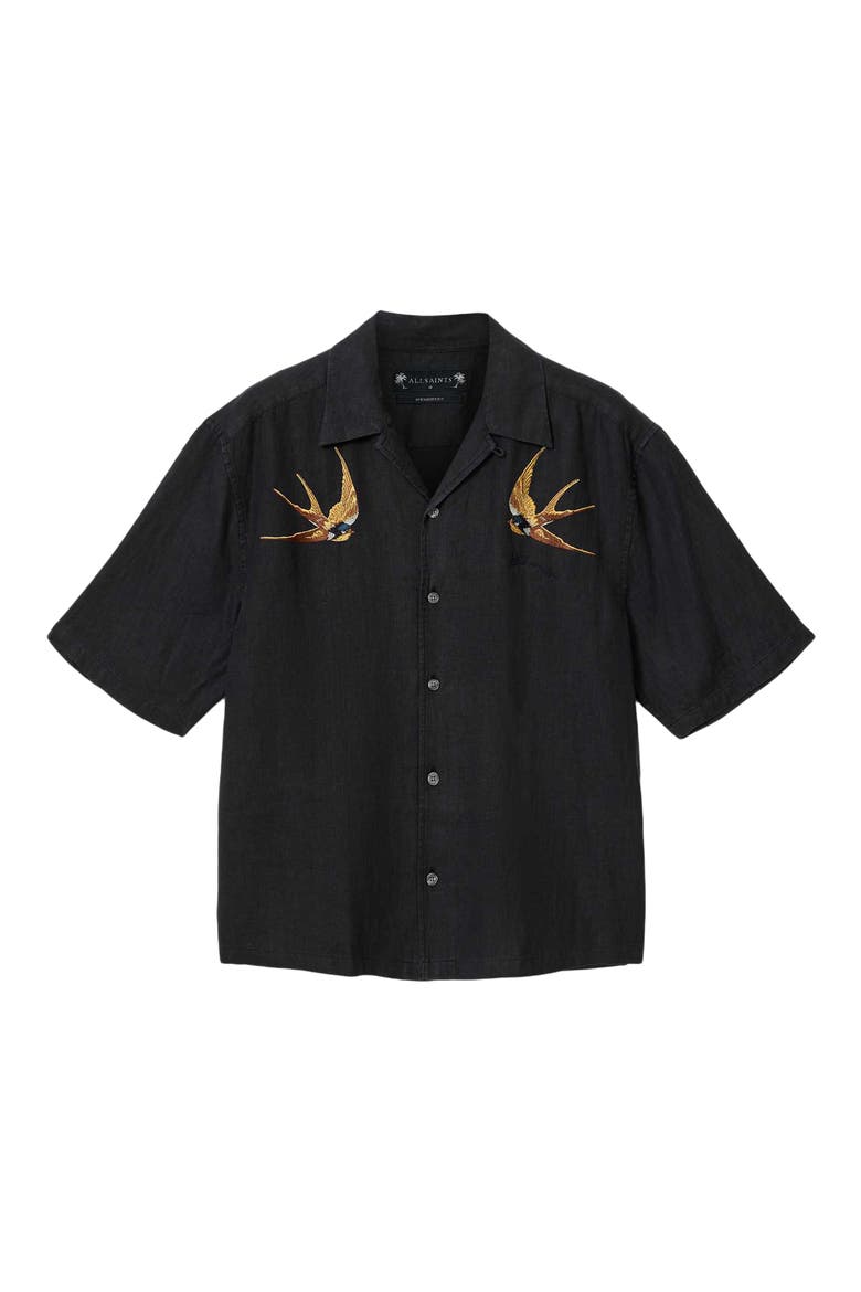 Avia Bird Embroidered Linen Camp Shirt, Alternate, color, ORCA BLACK