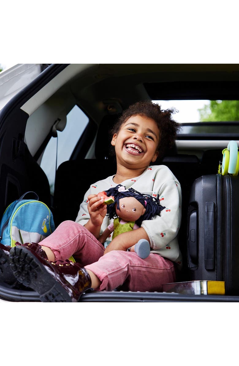 HABA Cari 12" Black Baby Doll with Black Pigtails, Embroidered Face, Removable Green Dress, Machine Washable Soft Baby Doll - 18 Months+, Alternate, color, Green Multi