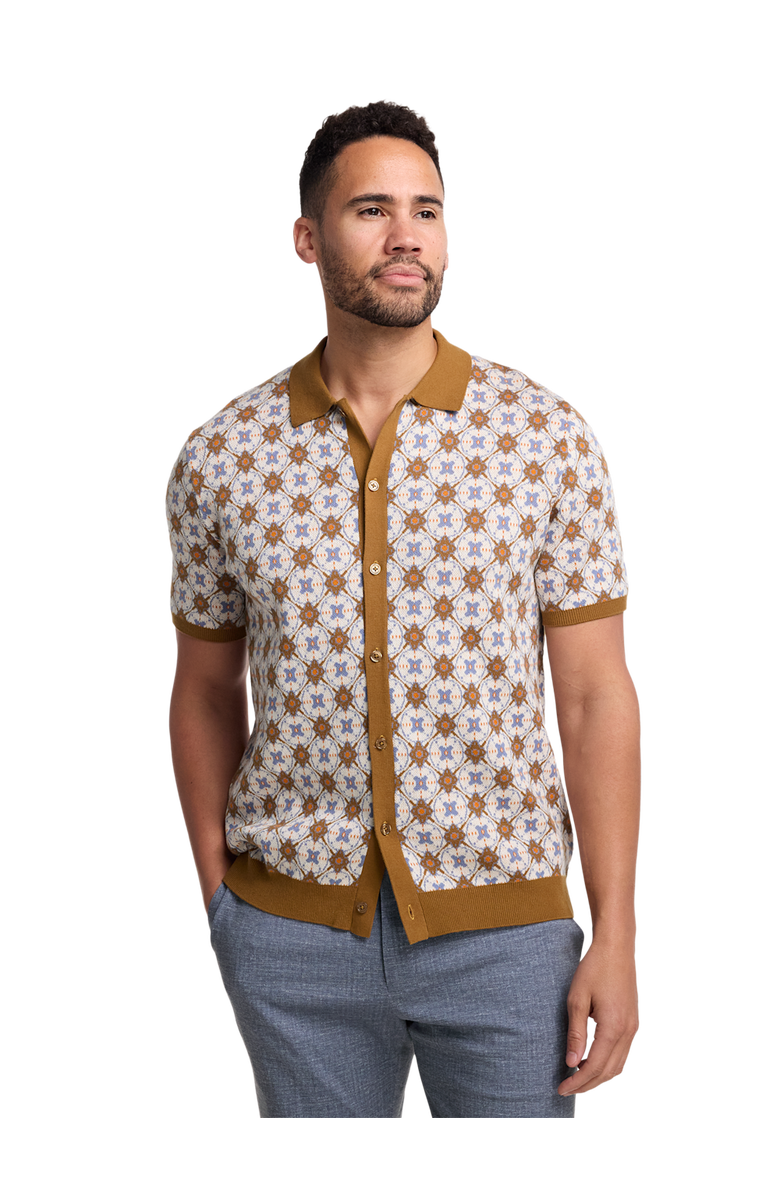 Paul Fredrick Cotton Button Front Polo Short Sleeve, Alternate, color, Tan Multi