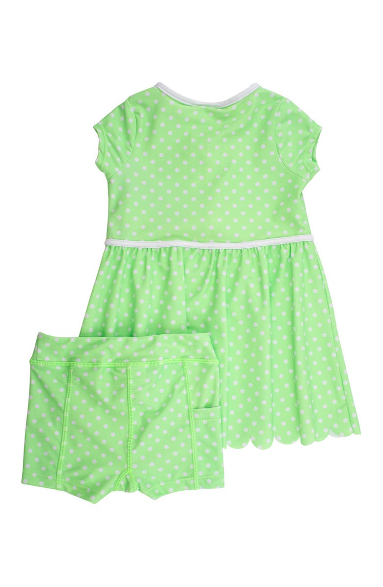 RuffleButts UPF50+ Active Short Sleeve Bow Dress 
Bike Short Set, Alternate, color, Neon Honeydew Polka Dot