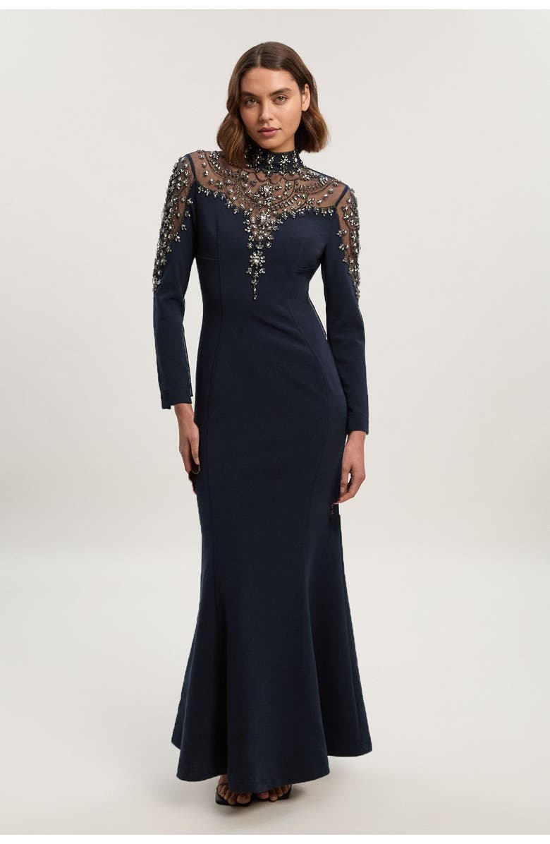 Karen Millen Petite Crystal Embellished Maxi Dress, Main, color, Midnight