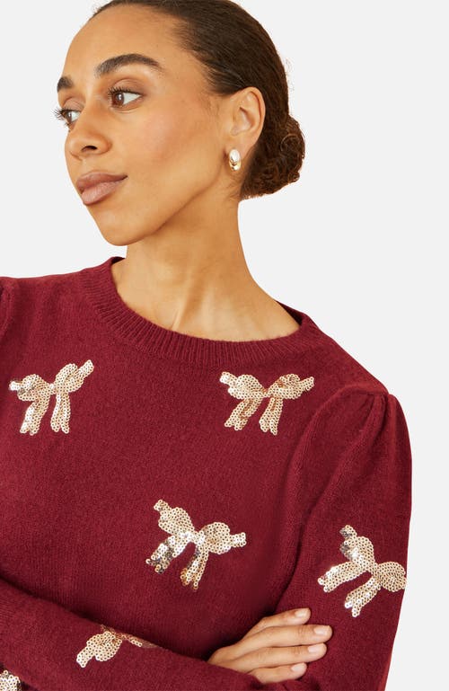 Yumi Sequin Applique Bow Sweater In Burgundy