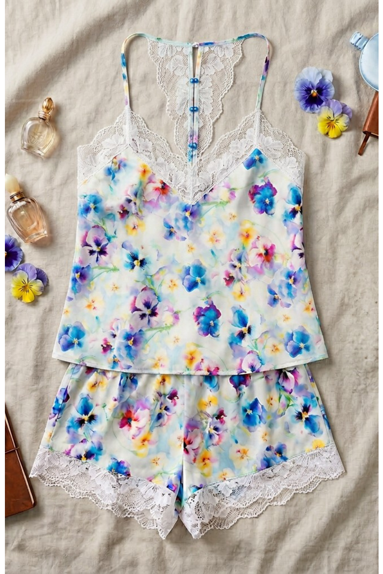 Silky Satin & Sparkle Lace Cami Short Set, Alternate, color, Blue Floral
